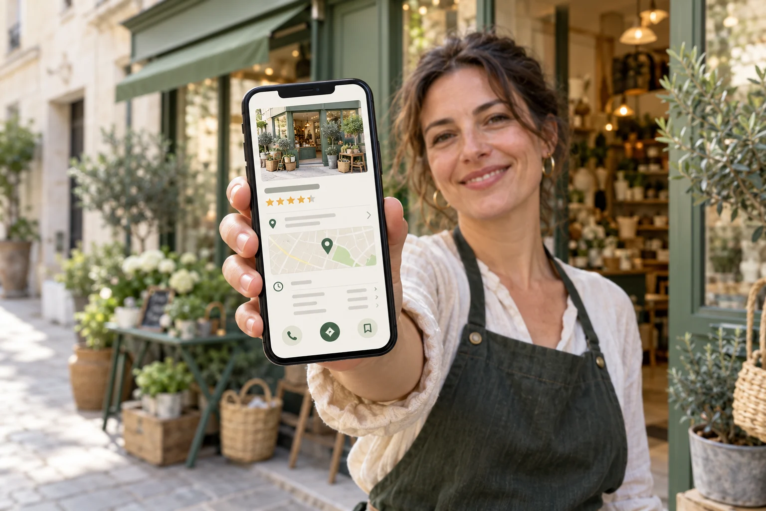 Référencement local : commerçante présentant la fiche de sa boutique sur téléphone