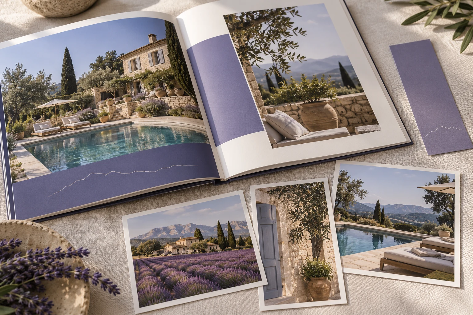 Concept de livret d’accueil et de cartes éditoriales inspirés de la Provence.