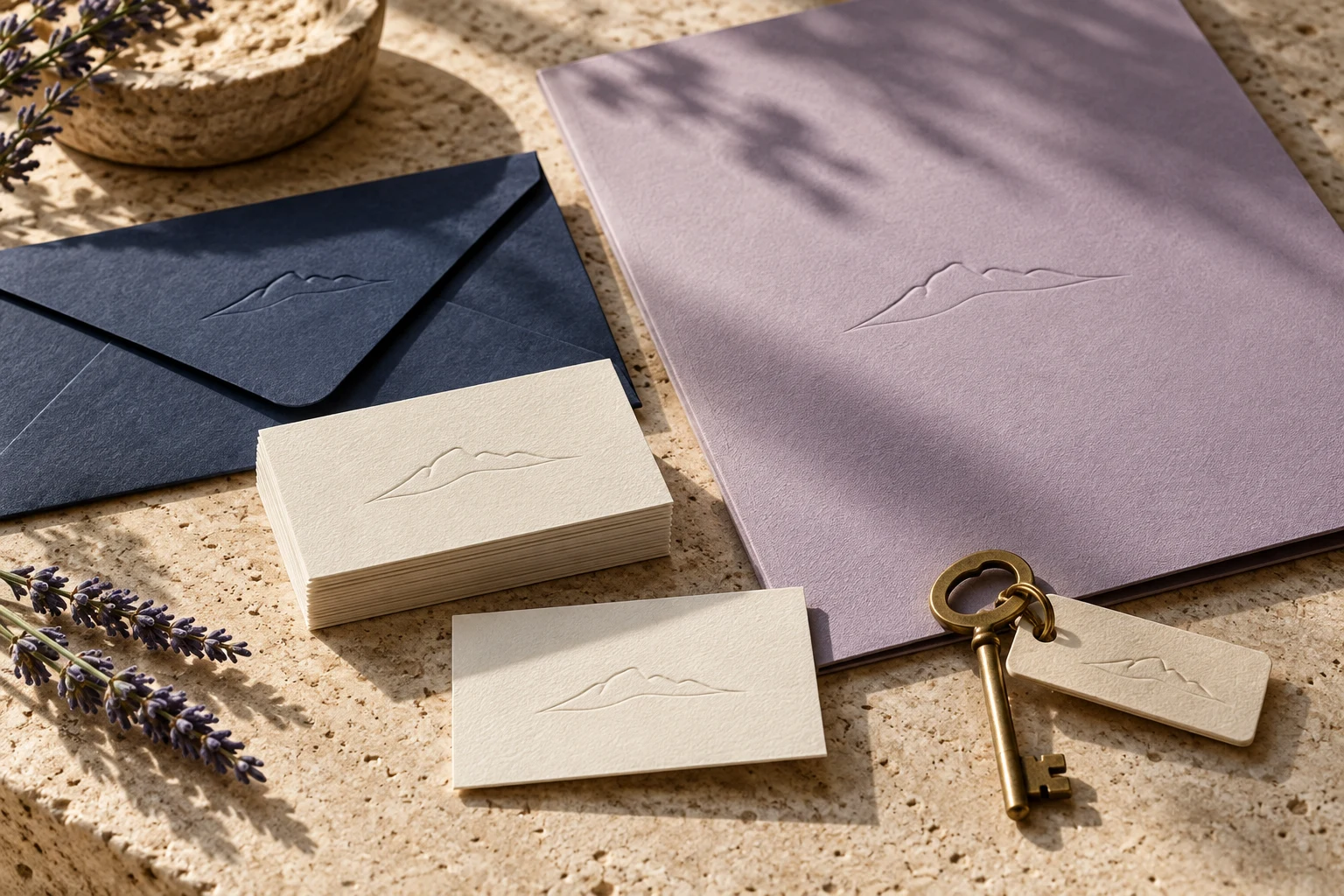 Concept de papeterie de conciergerie : cartes, enveloppes lavande et clé sur pierre claire.