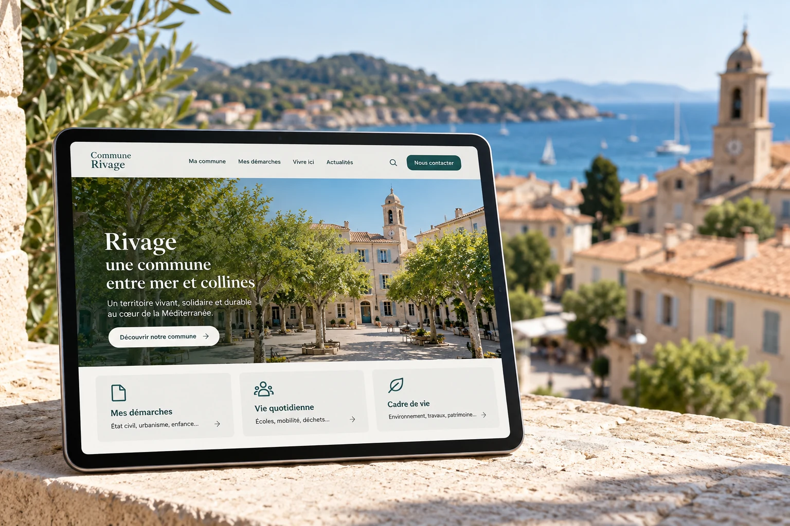 Concept Commune Rivage : site municipal sur tablette face au village côtier