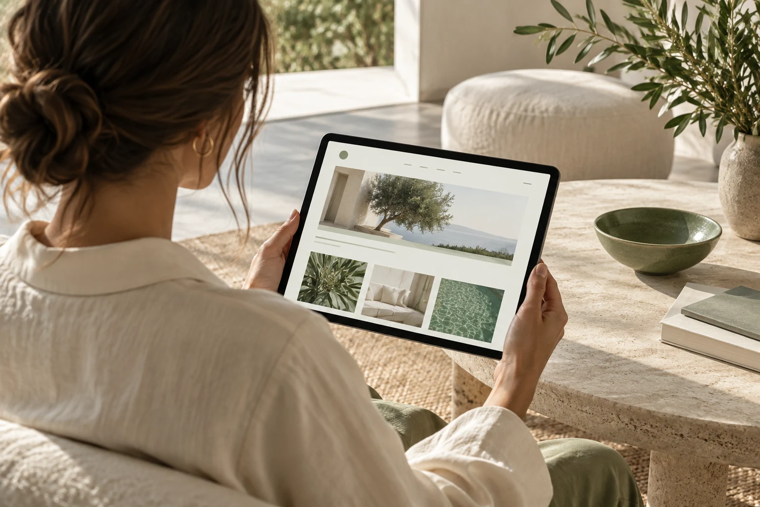 Consultation d’un site sur tablette dans un studio lumineux.
