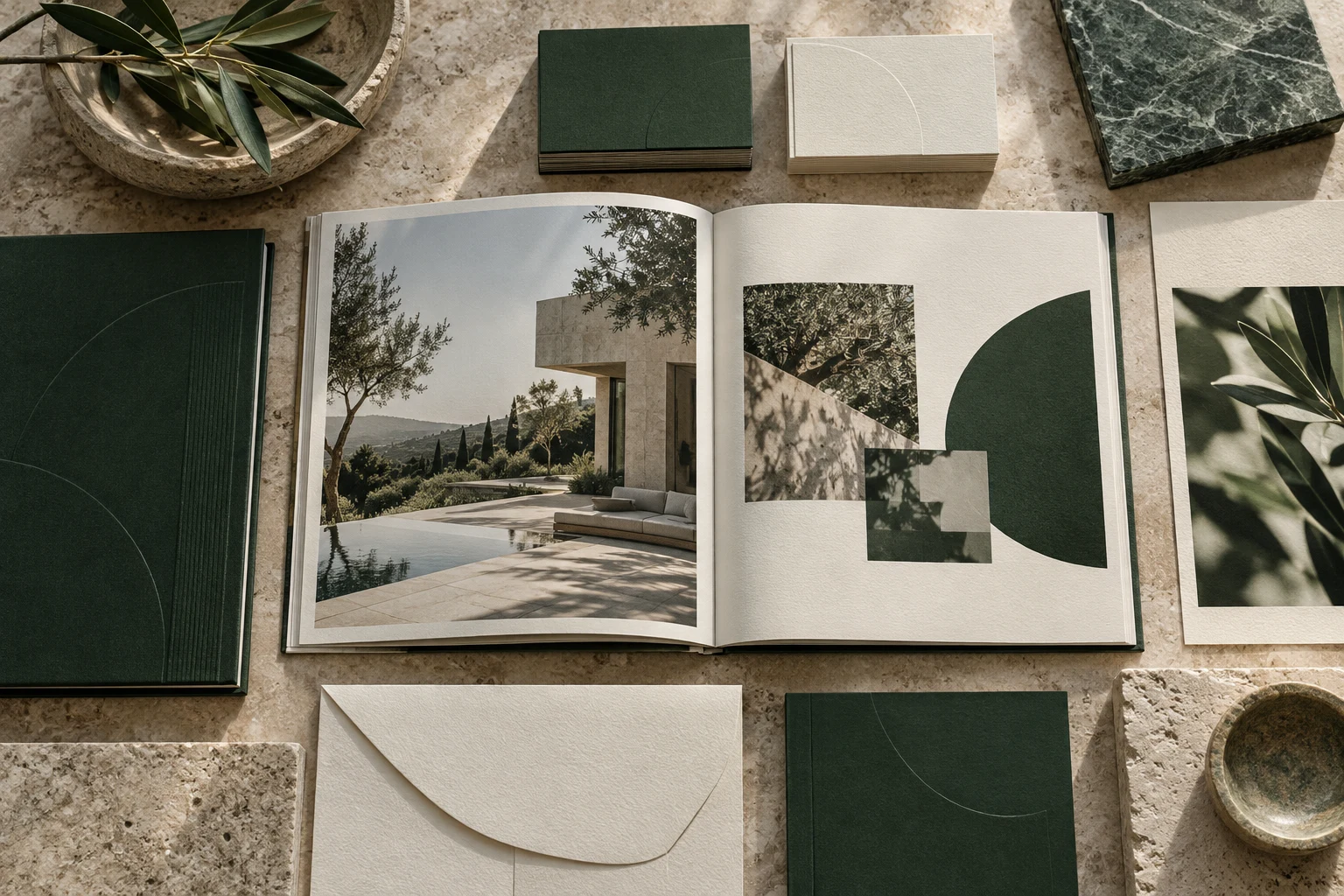 Brochure et papeterie dans un univers vert et ivoire.