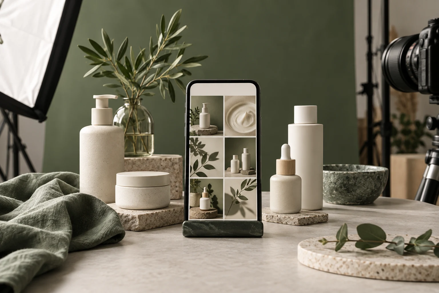 Studio de création de contenus avec smartphone et produits.
