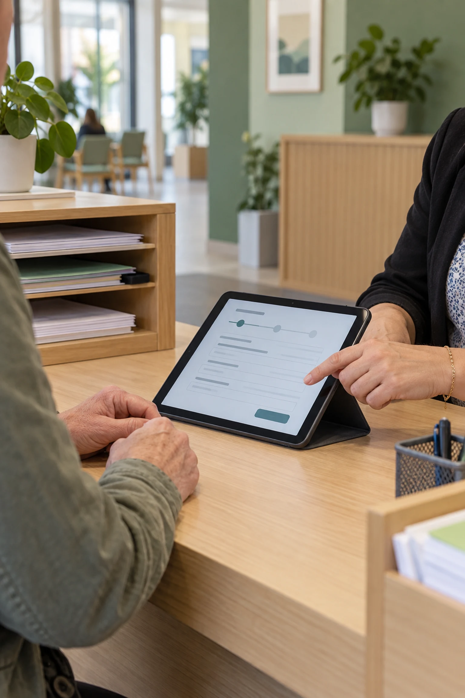 Accueil d’un usager accompagné sur une tablette dans un service municipal.