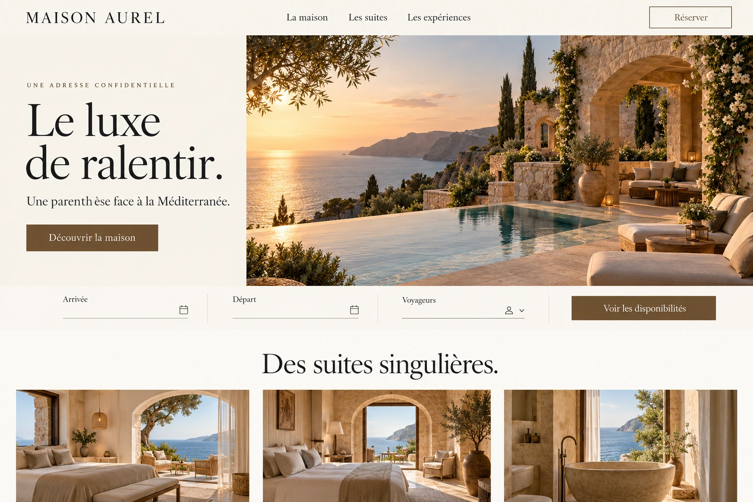 Concept de site hôtelier fictif Maison Aurel, entièrement en français.